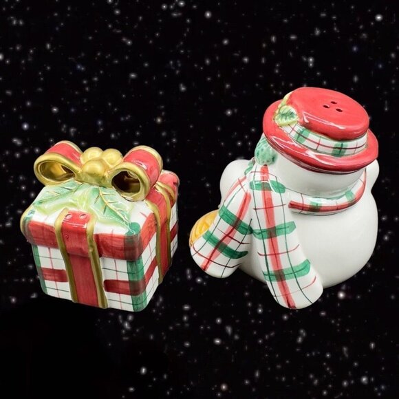 Fitz and Floyd Ceramic Salt & Pepper Shaker Snowman & Gift Present Set W Box vtg - Picture 6 of 6